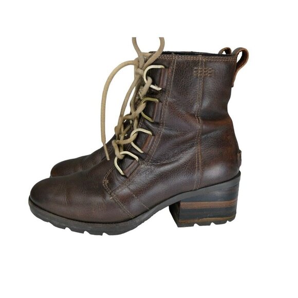 Sorel Cate Ankle Boots Women's 7 Brown Leather Lace Up Lug Block Heel Booties - Picture 1 of 11